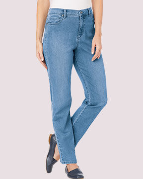 Bottom-half of model wearing medium blue jeans