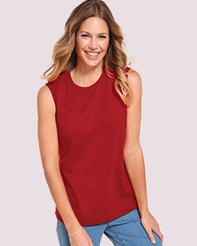model wearing red top