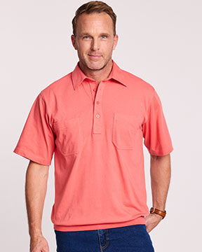 man wearing salmon-colored short-sleeve polo
