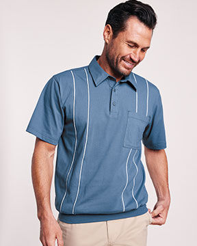 model wearing light blue striped banded-bottom polo
