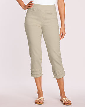 bottom half of model wearing tan capris