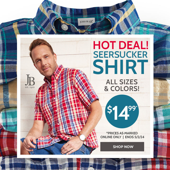 hot deal! seersucker shirt all sizes & colors! $14.99* *prices as marked online only ends 5/2/24 pure woven cotton seersucker absorbs moisture and circulates air to keep you dry and comfortable. single-/double-needle tailoring. button-down collar chest pocket. center back pleat