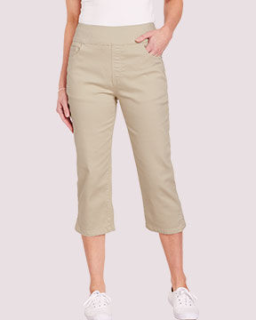 bottom half of model wearing tan capris