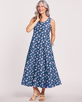 model wearing print dress