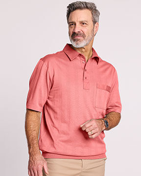 model wearing salmon-colored, short-sleeve, button-top polo with breast pocket