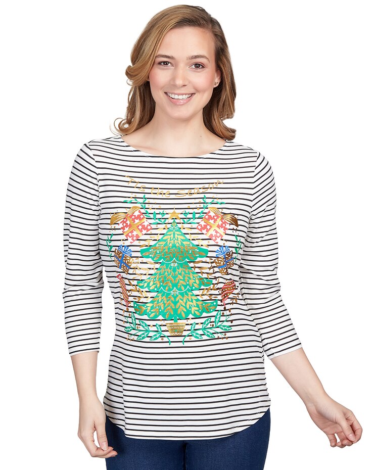 Ruby Rd® Shiny Christmas Tree Striped Three-Quarter Sleeve Tee image number 1
