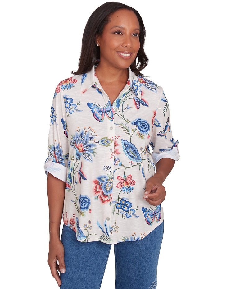 Alfred Dunner® Free Spirit Butterfly Button Up Cuffed Sleeve Shirt image number 1