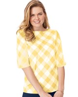 Elbow-Length Sleeve Gingham Check Boatneck Top thumbnail number 1