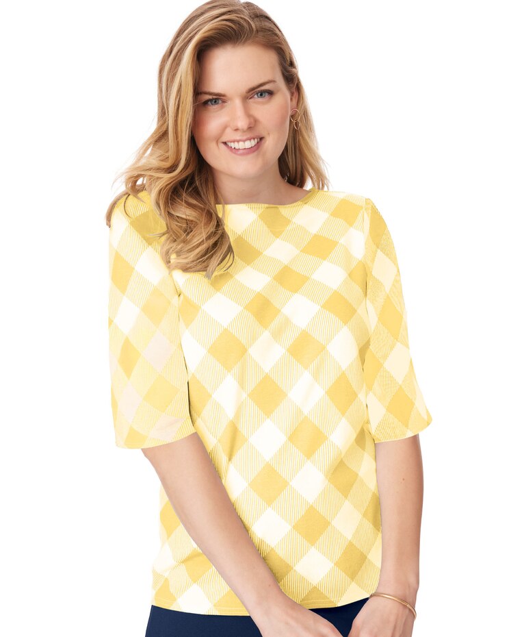 Elbow-Length Sleeve Gingham Check Boatneck Top image number 1