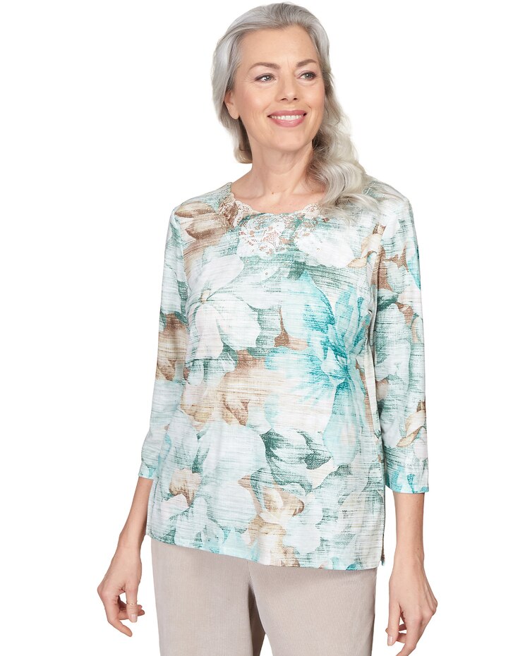 Alfred Dunner® St.Moritz Lace Neck Textured Floral Split Hem Top image number 1