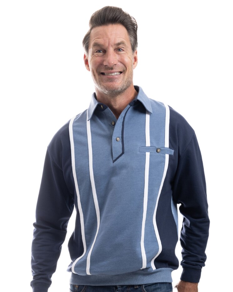 Palmland Long Sleeve Vertical Pieced Banded Bottom Polo image number 1