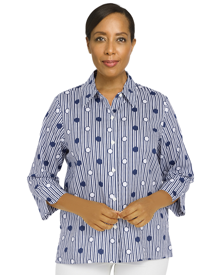 Alfred Dunner® Classic Dot Stripe 3/4 Sleeve Button Down Top Shirt image number 1