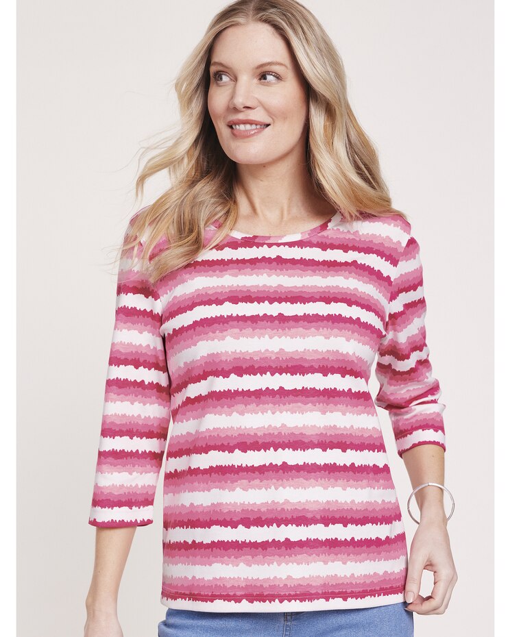 Essential Knit Three-Quarter Sleeve Watercolor Stripe Tee image number 1