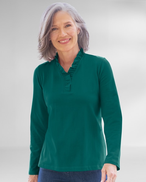Prima™ Cotton Solid Ruffle-Neck Tee