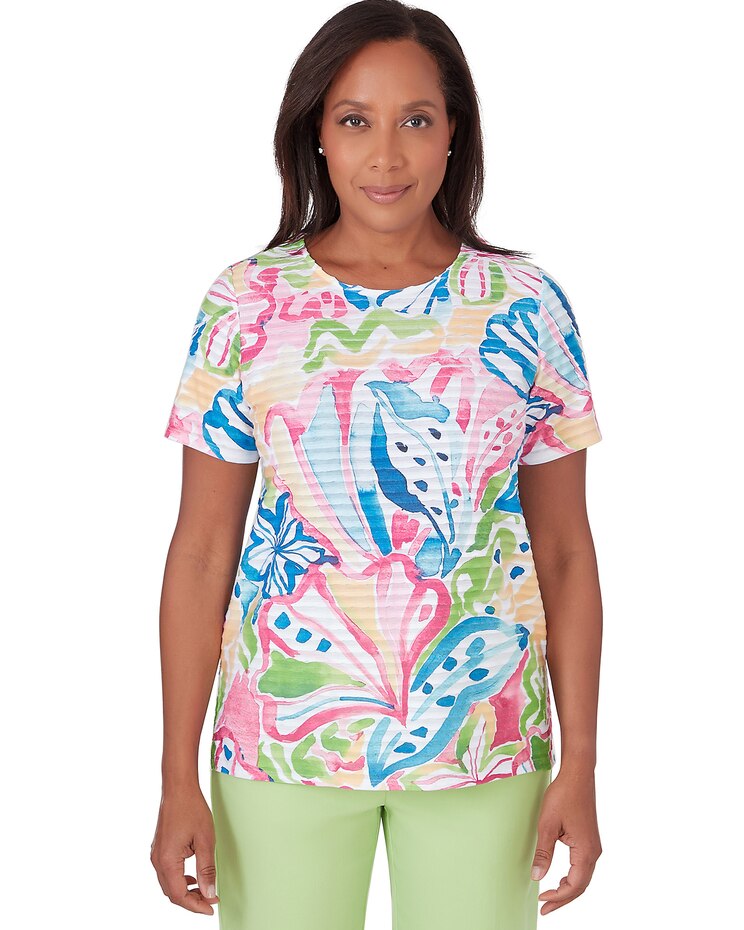 Alfred Dunner® Miami Beach Tropical Abstract Mini Ruffle Top image number 1
