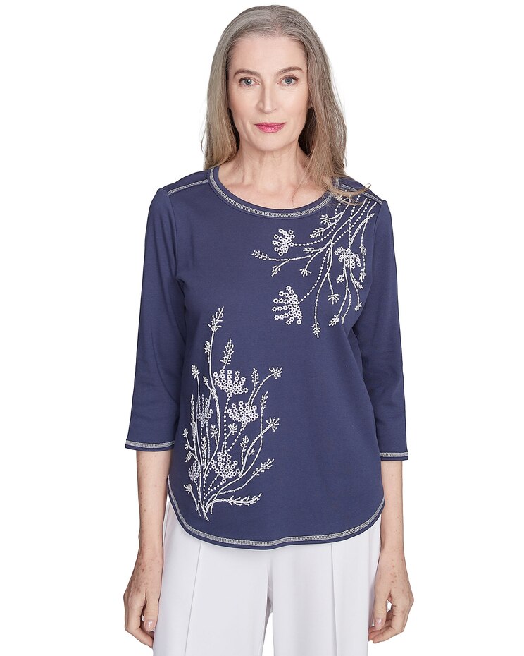 Alfred Dunner® Nantucket Asymmetric Floral Embroidered Top image number 1