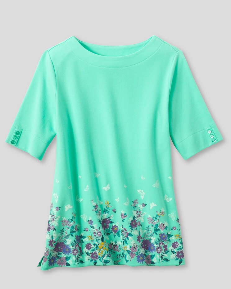 Limited-Edition Essential Cotton Floral Border Elbow-Sleeve Tee image number 1