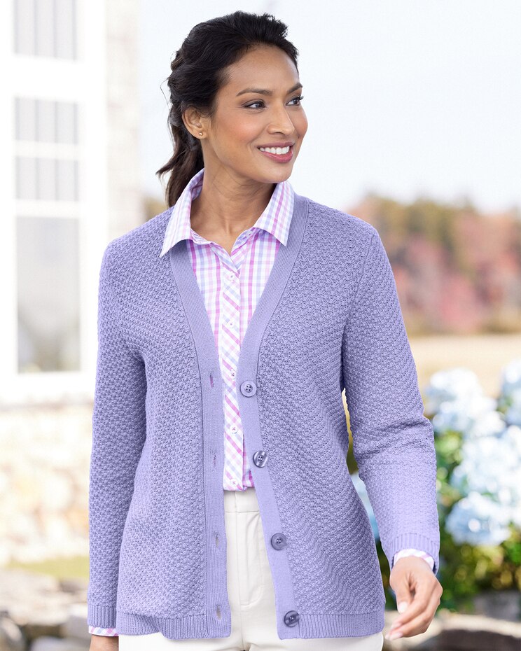 Cotton Tuckstitch V-Neck Cardigan image number 1