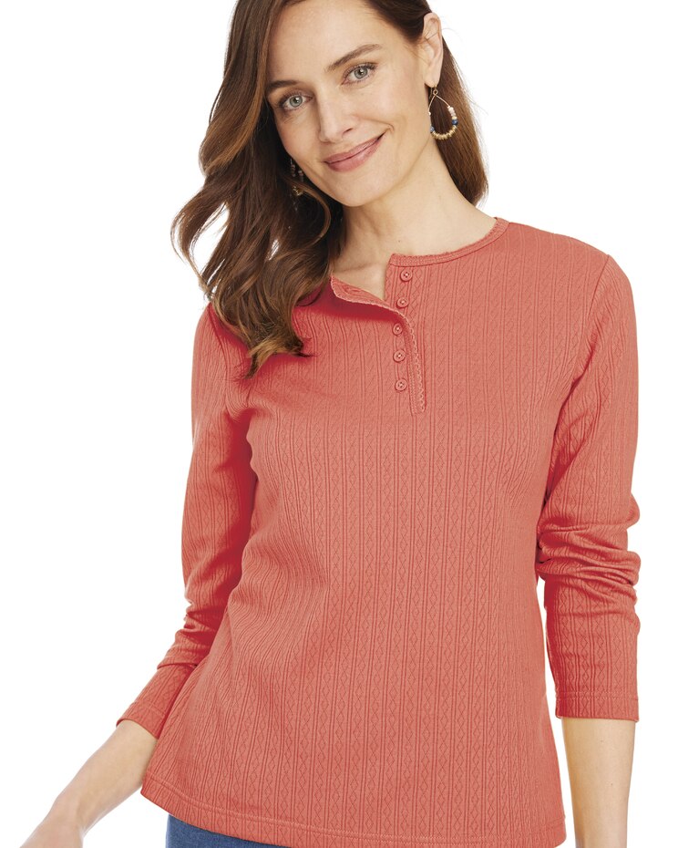 Long Sleeve Pointelle Henley Top image number 1