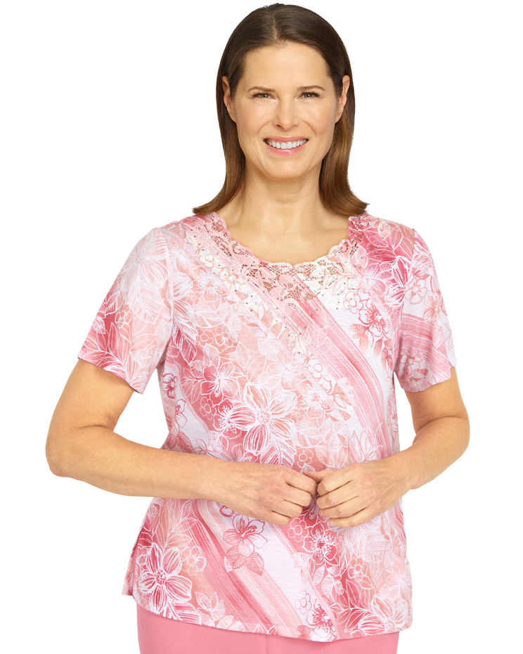 Alfred Dunner® Short and Sweet Diagonal Etched Floral Top image number 1