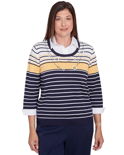 Alfred Dunner® Block Island Striped Two in One Collared Sweater with Necklace