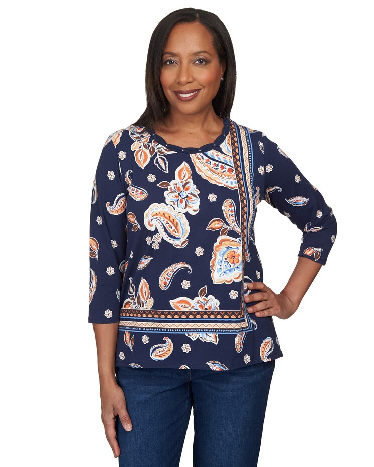Alfred Dunner® Autumn Weekend Paisley Border Braid Neck Top image number 1