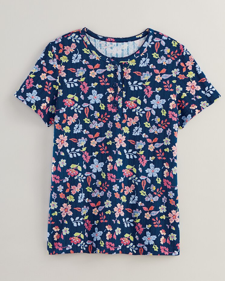 Print Short Sleeve Pointelle Henley Top image number 1