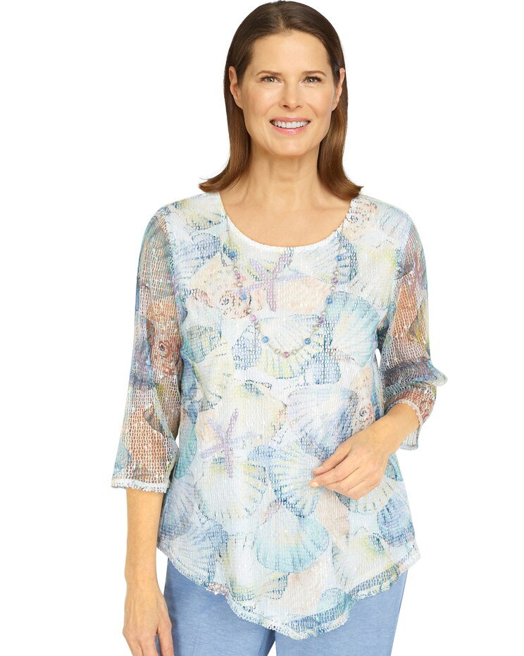 Alfred Dunner® Set Sail Asymmetric Mesh Seashell Top image number 1