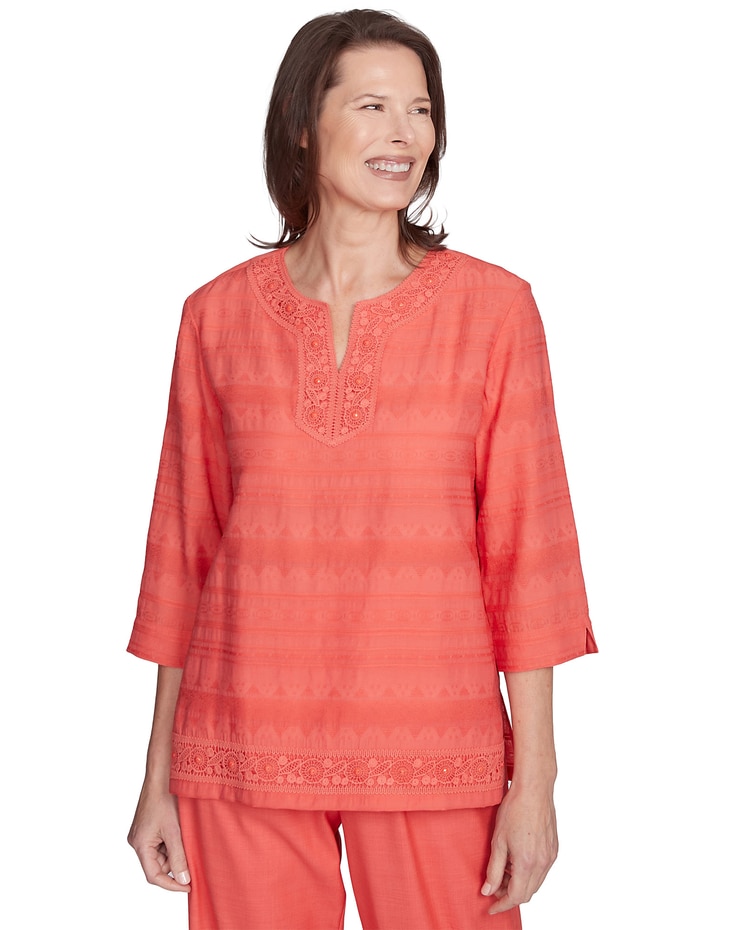 Alfred Dunner® Catalina Island Solid Textured Lace Trim Shirt image number 1