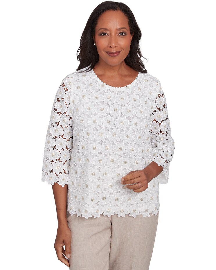Alfred Dunner® Kensington Gardens Daisy Woven Lace Crew Neck Top image number 1