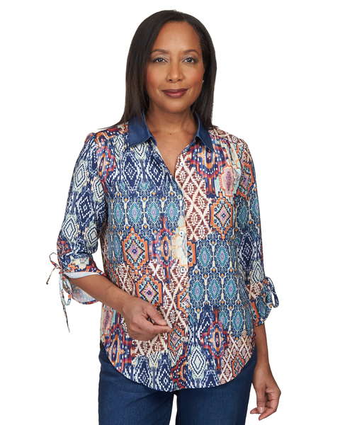 Alfred Dunner® Autumn Weekend Medallion Patch Tie Sleeve Button Up Top
