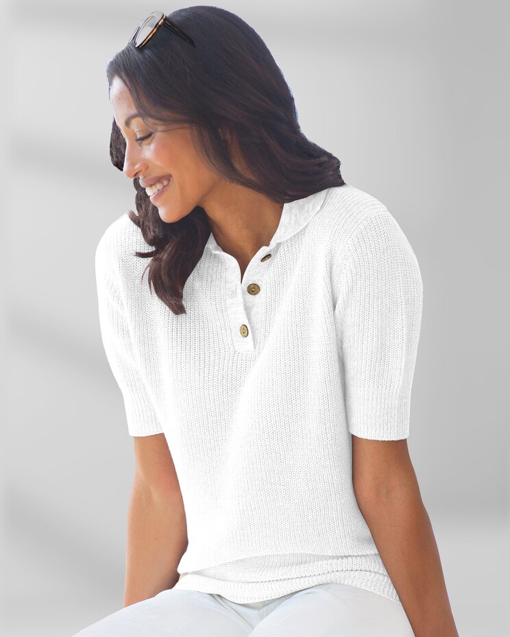Elbow-Sleeve Linen/Cotton Polo Sweater image number 1
