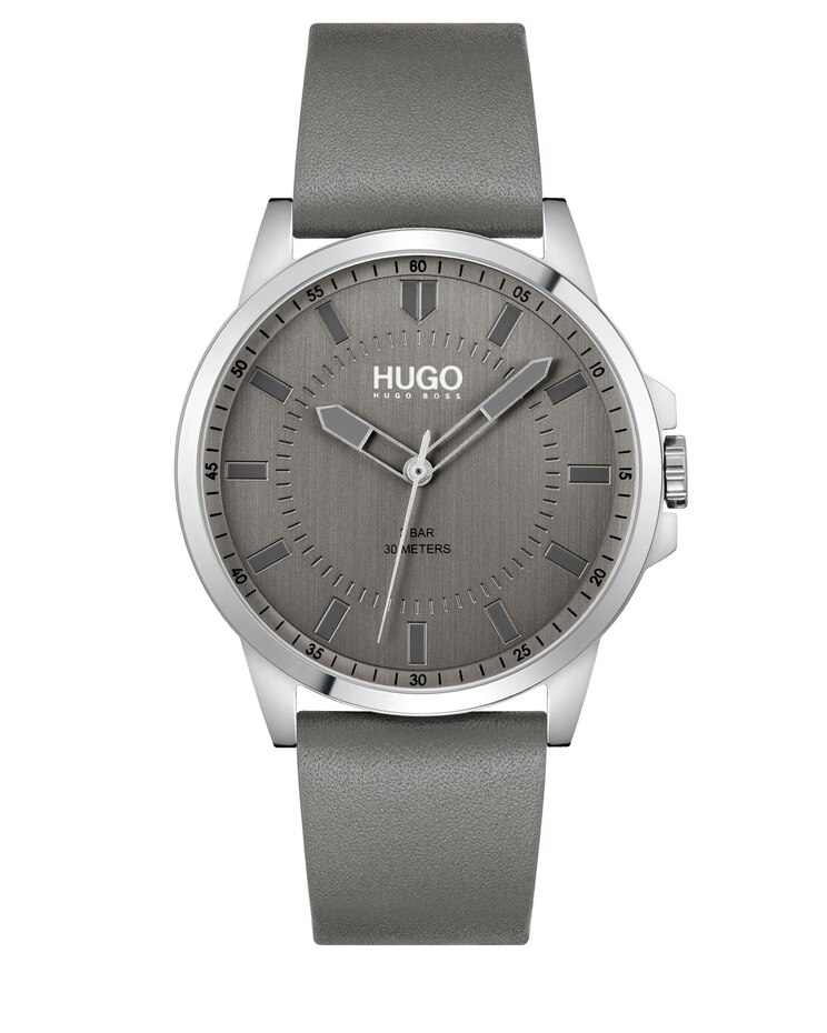 Hugo Boss First Silver & Gray Leather Strap Watch, Gray Dial image number 1