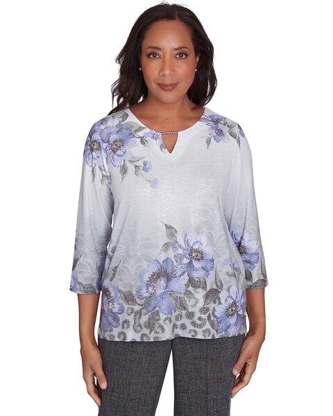 Alfred Dunner® Worth Avenue Beaded Split Neck Floral Shimmer Top