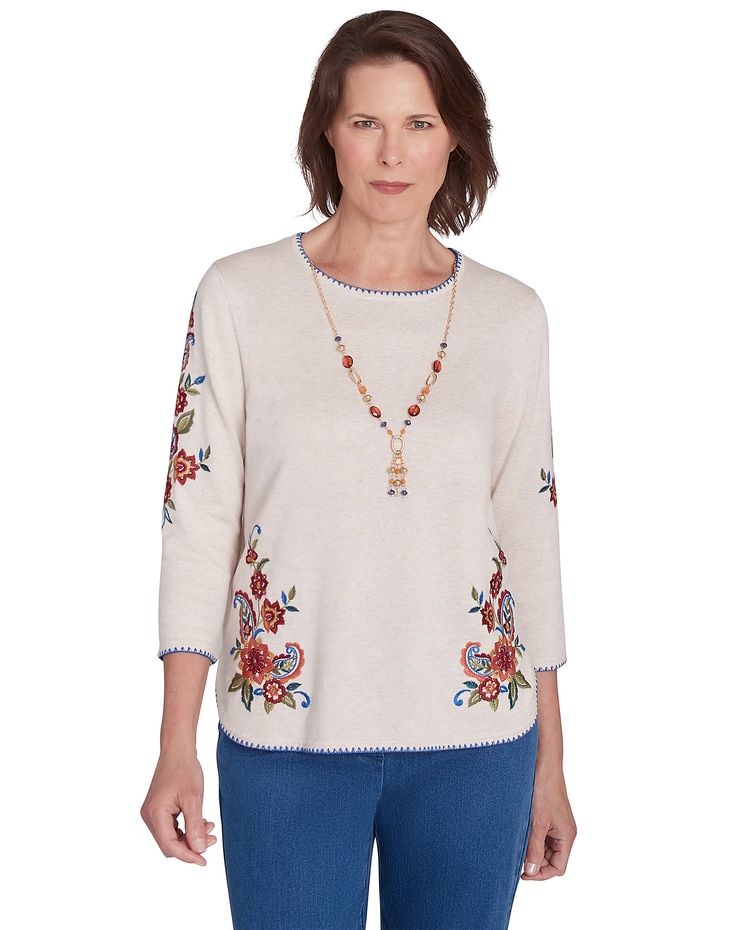 Alfred Dunner® Harvest Moon Paisley Floral Top with Detachable Necklace image number 1