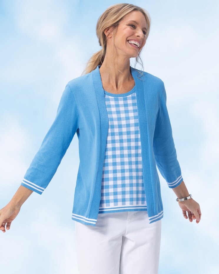 Tipped-Gingham Sweater Topper image number 1