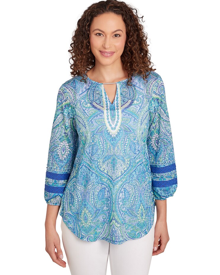 Ruby Rd® Bali Blue Knit Paisley Top Lace image number 1