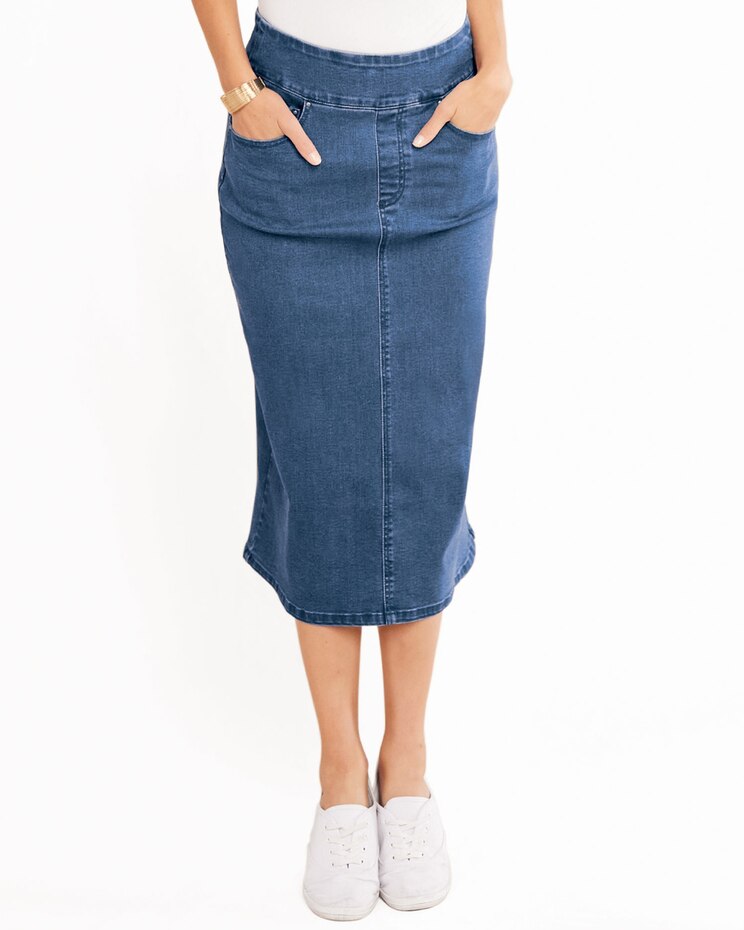 DenimEase™ Flat Waist Midi Skirt image number 1