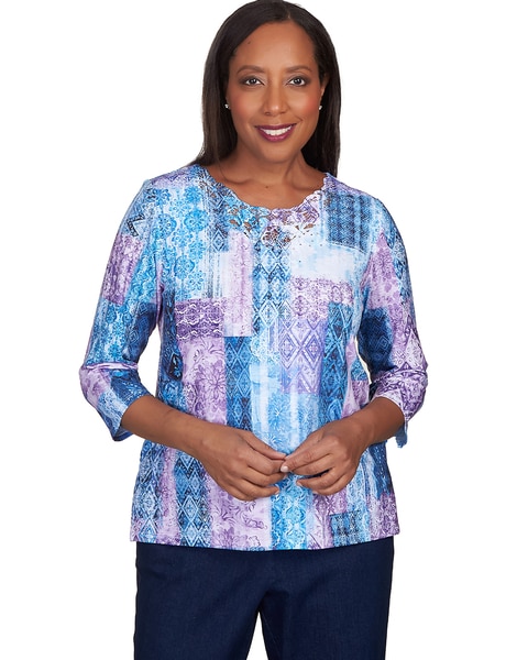 Alfred Dunner® Lavender Fields Patchwork Lace Neck Top