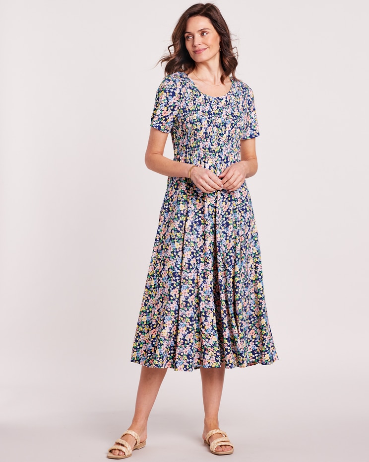 Short-Sleeve Smocked Challis Dress image number 1