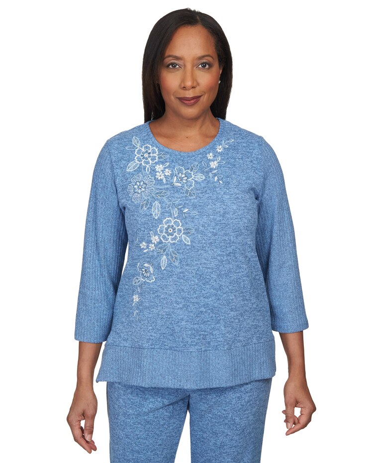 Alfred Dunner® Comfort Zone Flower Embroidery Split Hem Top image number 1
