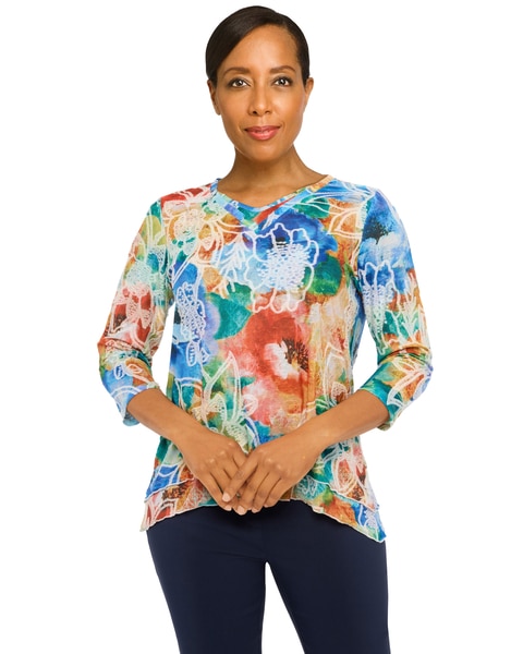 Alfred Dunner® Moody Blues Moody Watercolor Floral V-Neck Top
