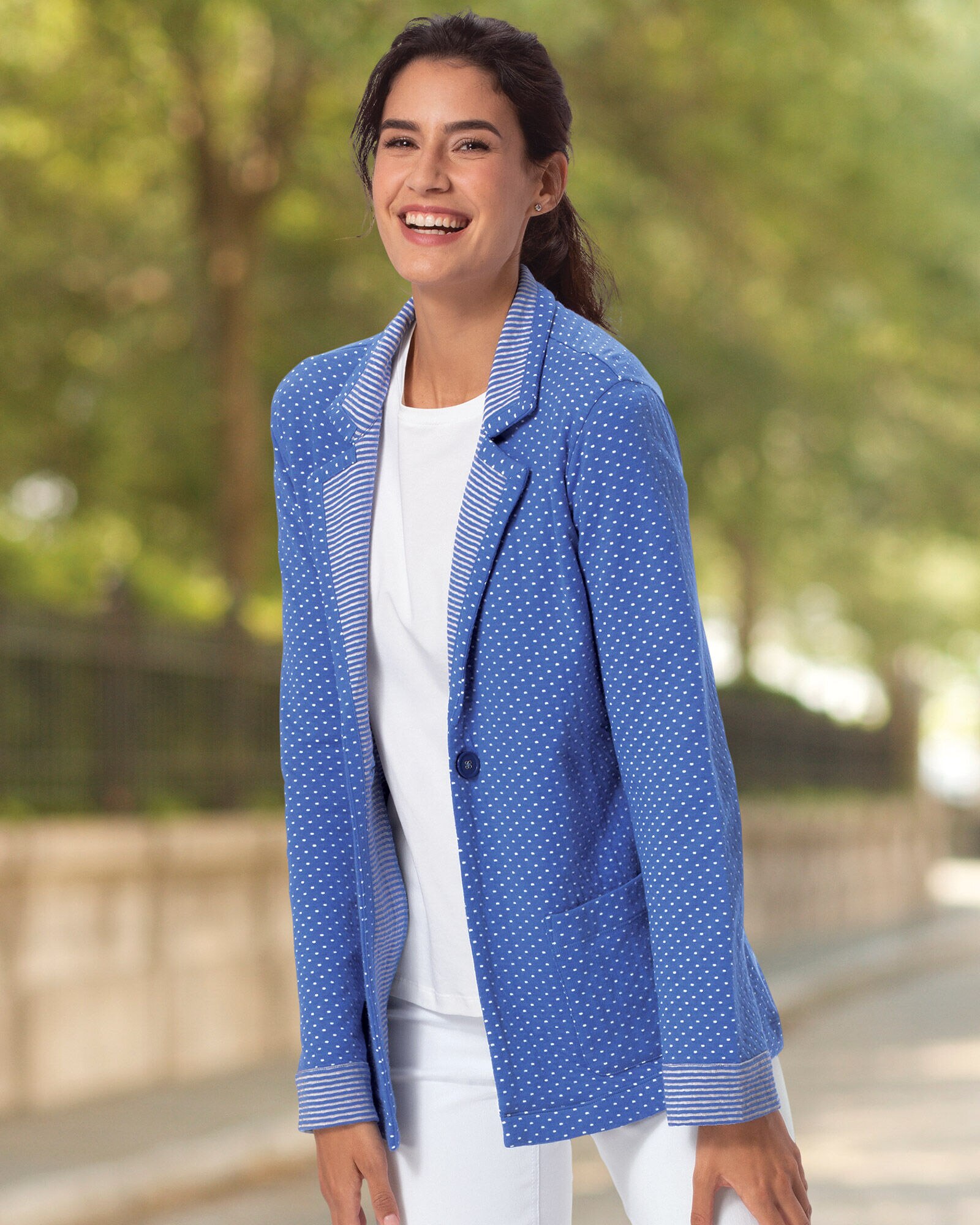 Stripe-Trimmed Dot Knit Jacket
