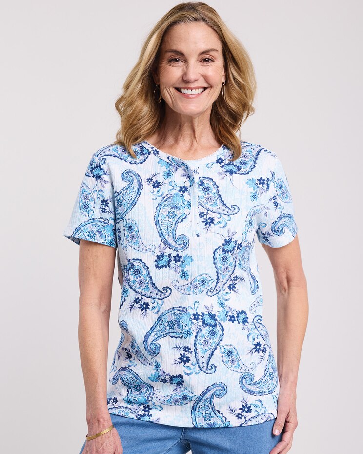 Print Short Sleeve Pointelle Henley Top image number 1
