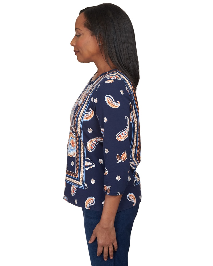 Alfred Dunner® Autumn Weekend Paisley Border Braid Neck Top image number 4