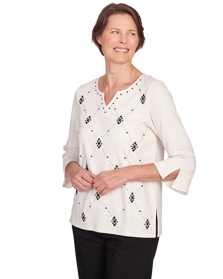 Alfred Dunner® Neutral Territory Diamond Patterned Split Neck Top image number 3