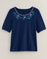 Slub Knit Embroidered Peasant Top thumbnail number 1