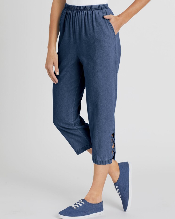 DenimEase Full Elastic Criss-Cross Capris image number 1