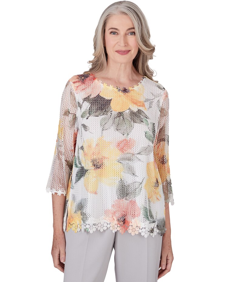 Alfred Dunner® Charleston Watercolor Floral Mesh Top image number 1
