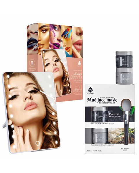 Pursonic Touchscreen LED Vanity Mirror and Luxurious Gel & Mud Face Mask Set